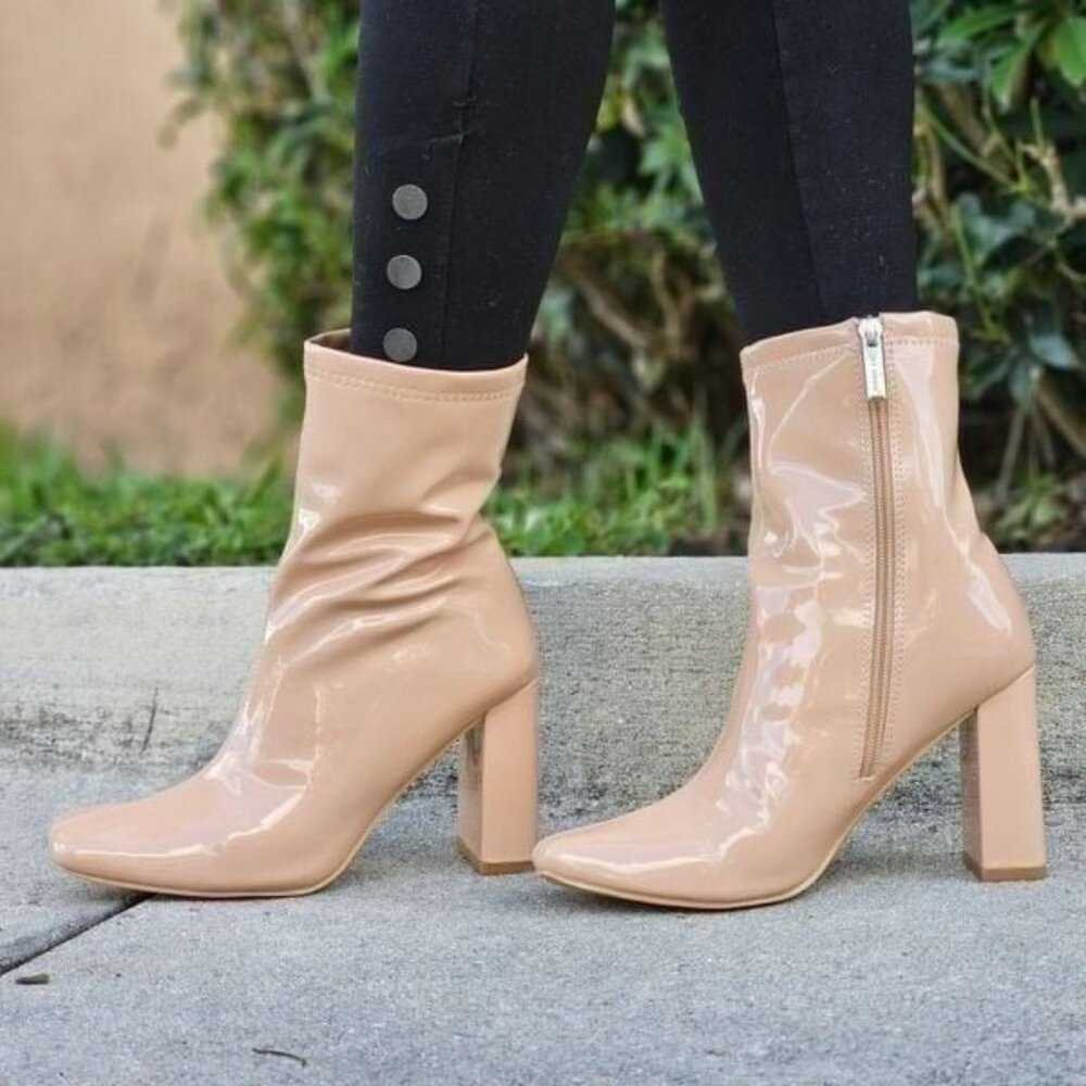 Women's Nude Chunky Heel Ankle Booties - Picture 2 of 5